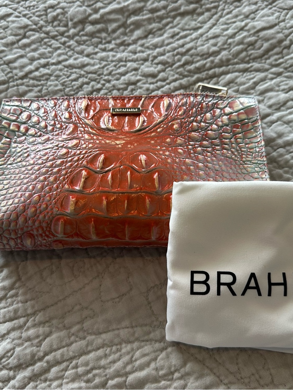 Brahmin Iridescent Croc-Embossed Wristlet in Shimmering Orange